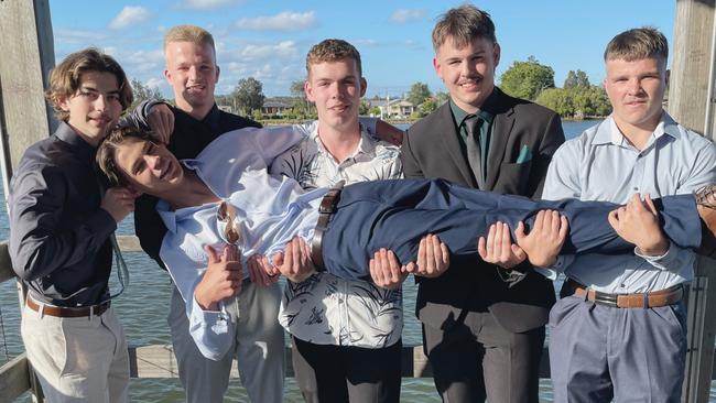 Yer, the boys. Max Thompson, Jai Wassens, Blake Spear, Kye Garzoli and Tommy Martin. Year 12 Macksville High School formal on the banks of the Nambucca River, November 10, 2022. Picture: Chris Knight