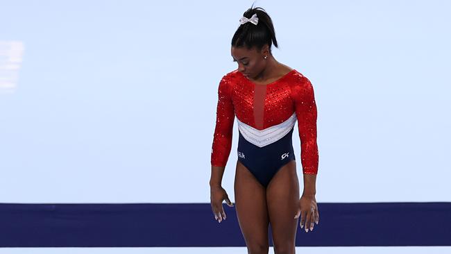 TOKYO, JAPAN - JULY 27: Simone Biles of Team United States competes on vault during the Women's Team Final on day four of the Tokyo 2020 Olympic Games at Ariake Gymnastics Centre on July 27, 2021 in Tokyo, Japan. (Photo by Jamie Squire/Getty Images)