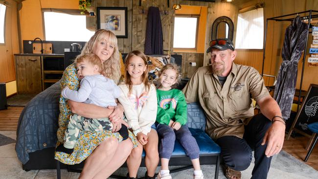 Louise and Rufus Scheffers with grandchildren Violet, Scarlett and Tyson at their Reedy Creek Retreat near Mannum. Picture: Brenton Edwards