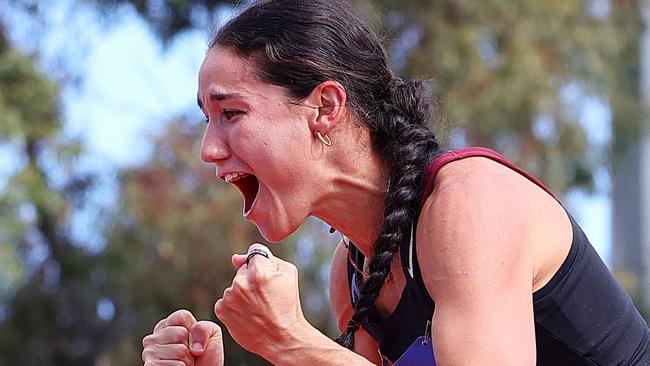 ADELAIDE, AUSTRALIA - APRIL 11: Tori West of Queensland reacts during the women's Heptathlon High Jump during the 2024 2024 Australian Athletics Championships at SA Athletics Stadium on April 11, 2024 in Adelaide, Australia. (Photo by Sarah Reed/Getty Images)