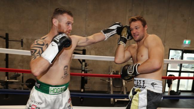 Dennis Hogan sparring with Joe Goodall at the Webstrong Gym in Pinkenba. Picture: Annette Dew