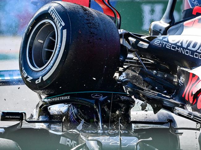 Lewis Hamilton’s halo saves him from serious injury. Picture: AFP