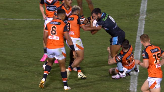 The tackle that injured Sharks prop Toby Rudolf.