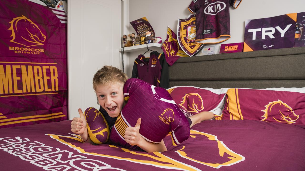 Nine-year-old Broncos fan Jett Horwood. Picture: Kevin Farmer