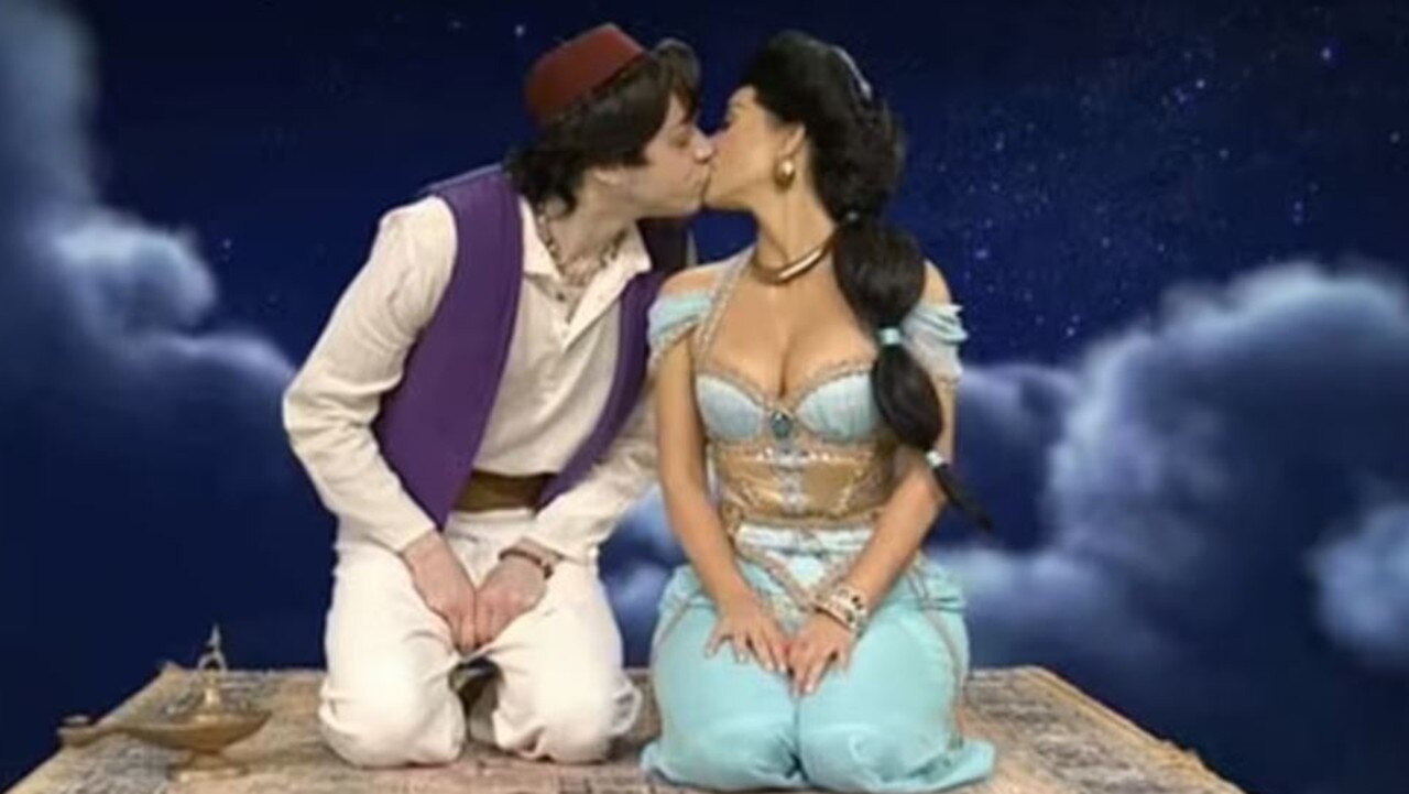 Pete Davidson and Kim Kardashian kiss during a skit on SNL. Picture: NBC