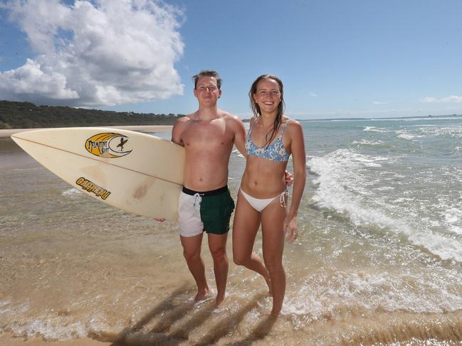 Elinor Blom and Chandler Vickers-Delton from Brisbane at Cylinder Beach. Pic Annette Dew