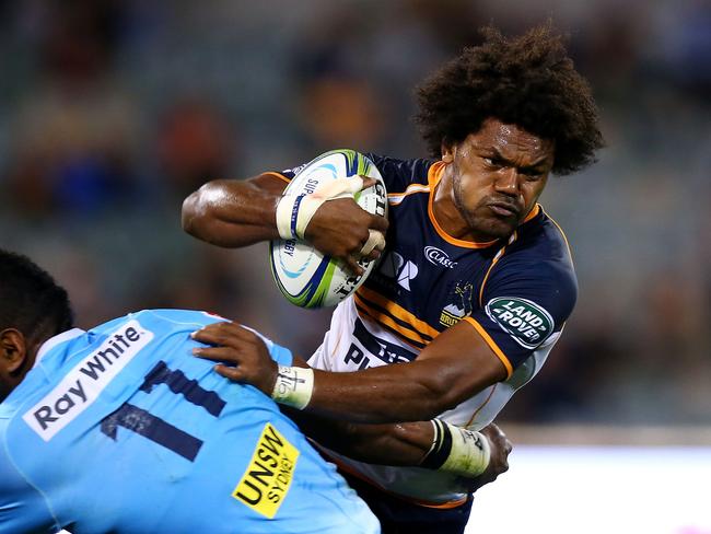 CANBERRA, AUSTRALIA - MARCH 31: Henry Speight of the Brumbies is tackled during the round seven Super Rugby match between the Brumbies and the Waratahs at GIO Stadium on March 31, 2018 in Canberra, Australia.  (Photo by Mark Nolan/Getty Images)