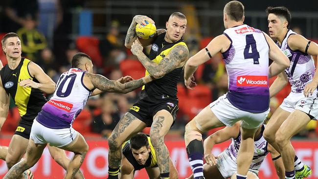 Tigers star Dustin Martin was kept quiet by the Dockers at Metricon Stadium Picture: Getty Images