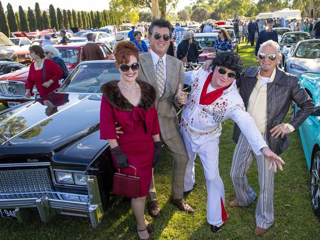 Fiona and Michael Smitham and Geoff Asher (Elvis) and Lynton Smith next to Geoff Asher's Cadillac during the McLaren Vale Vintage & Classic 2024 at Serafino Winery Sunday,April,14,2024.Picture Mark Brake