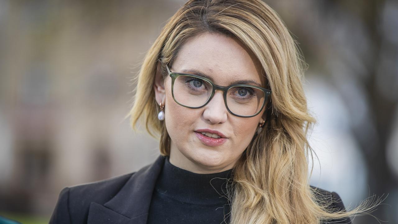 Alysha (surname withheld) holds a press conference on Parliament lawns after having long running difficulties with sexual assessment claims while working at Ashley Youth Detention Centre. Picture: Richard Jupe