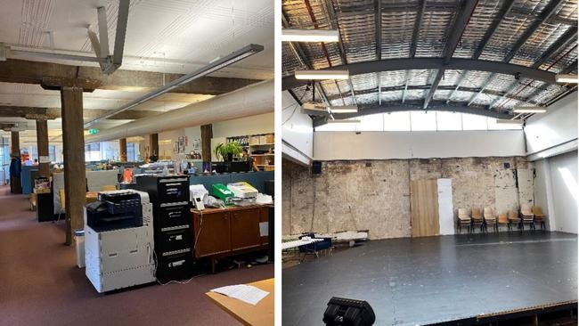 Photos of the current warehouse building, including the rehearsal space.