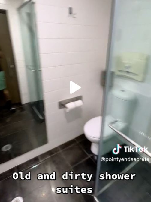 The private shower suites he described as “old and dirty”. Picture: TikTok