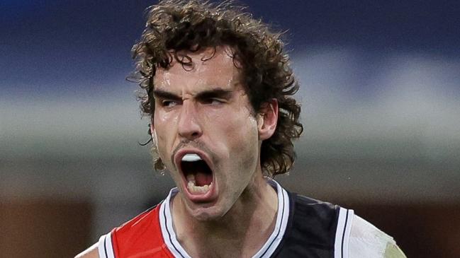 BRISBANE, AUSTRALIA - JUNE 14: Max King of the Saints celebrates a goal during the 2024 AFL Round 14 match between the Brisbane Lions and the St Kilda Saints at The Gabba on June 14, 2024 in Brisbane, Australia. (Photo by Russell Freeman/AFL Photos via Getty Images)