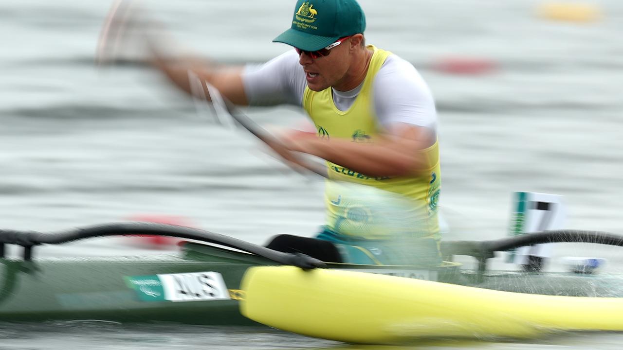 Curtis McGrath competes in the Men's Va'a single heat at the Tokyo Paralympics. Picture: Getty Images