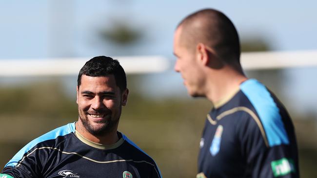 NSW's Andrew Fifita and NSW's David Klemmer during NSW State of Origin training. Picture: Brett Costello