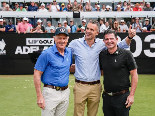 February 16th, 2025. Photo: Greg Norman, Peter Malinauskas and Scott OÃNeil. LIV Golf announcement. Picture: Tim Joy