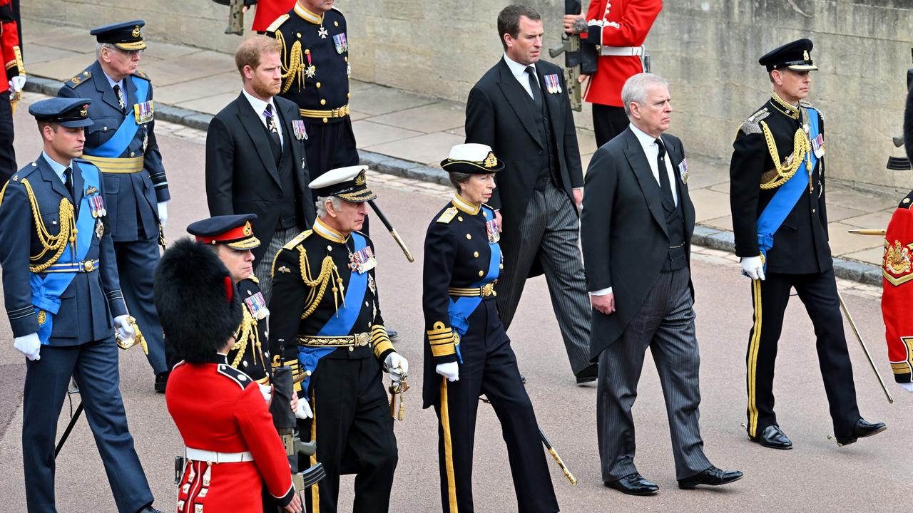 The Royal Family follows the Queen’s coffin into St George’s Chapel. Picture: Getty Images