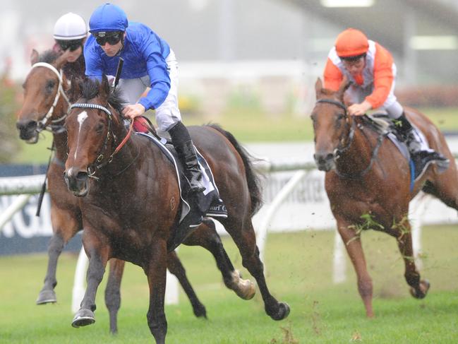 Photographer: Simon Bullard. Race 2 - 12:35PM PLUCK @ VINERY HANDICAP (1100 METRES). Winner 'Impending' ridden by James McDonald.