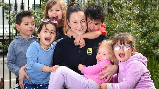 Number 3: Lara Capponi from Kool Kidz Childcare with Alex, Frances, Remy, Hugo, Felicity and Charlotte. Picture: Josie Hayden