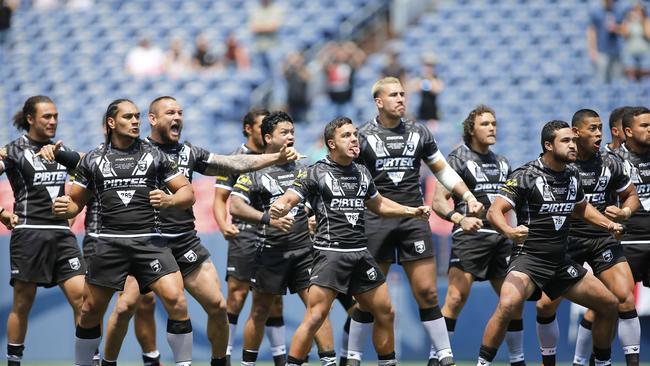 The New Zealand squad performs a haka prior to the Denver Test. Picture: AFP