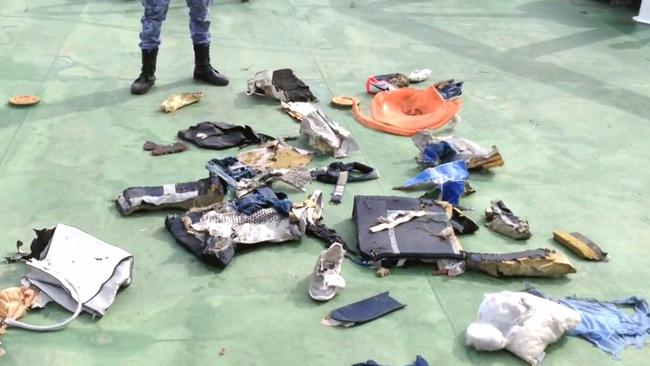 An image taken from a video filmed in an undisclosed location reportedly shows some debris that the search teams found in the sea after the EgyptAir Airbus A320 crashed in the Mediterranean. Picture: AFP