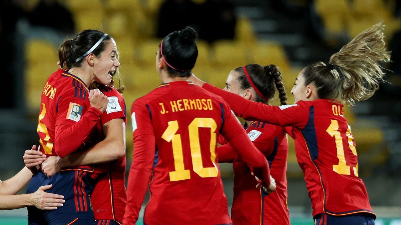 Spain's midfielder #06 Aitana Bonmati (L) celebrates after scoring the team's second goal during the Australia and New Zealand 2023 Women's World Cup Group C football match between Spain and Costa Rica at Wellington Stadium, also known as Sky Stadium, in Wellington on July 21, 2023. (Photo by Marty MELVILLE / AFP)
