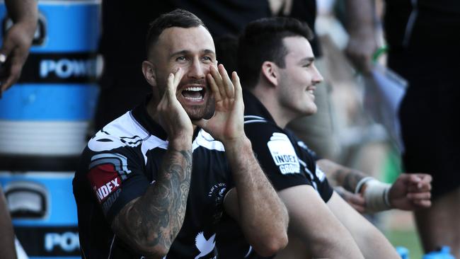 Quade Cooper pictured on the sideline during Wests v Souths rugby at Toowong, Brisbane 29th of April 2018.  (AAP Image/Josh Woning)