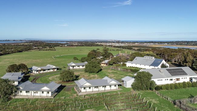 A cool climate vineyard and rolling paddocks surround the estate’s buildings. Picture: Supplied