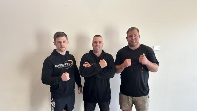 Boxer Sebastian Wells, Event Promoter Adrian Lovell and Boxer Brayden Ion ahead of the Big Bash 10th Anniversary boxing card. Picture: Ryan Rosendale.