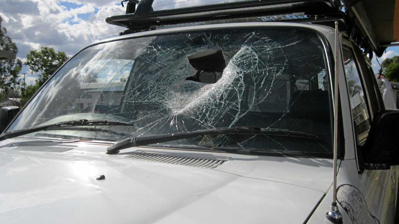 CLOSE CALL: A family was lucky to survive after a brick fell from an oncoming truck and smashed through two windscreens on the Warrego Highway near Miles on Thursday. Picture: QPS