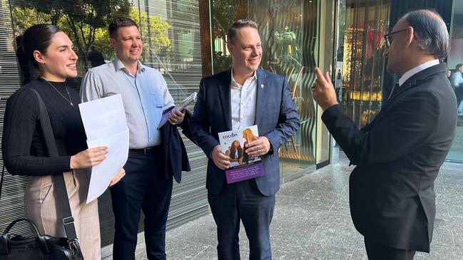 Brisbane Lord Mayor Adrian Schrinner (second from right) after a fundraiser with executive assistant Marg Irving (left) and Cocoon corporate strategist Zaffar Khan (far right). Picture: LinkedIn/Eileen Guo