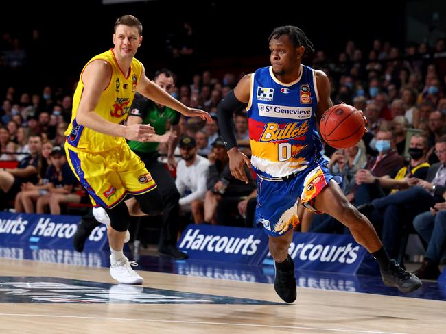 Tamuri Wigness of the Bullets during the round 16 NBL match between the Adelaide 36ers and the Brisbane Bullets at Adelaide Entertainment Centre, on May 01, 2021, in Adelaide, Australia. (Photo by Kelly Barnes/Getty Images)