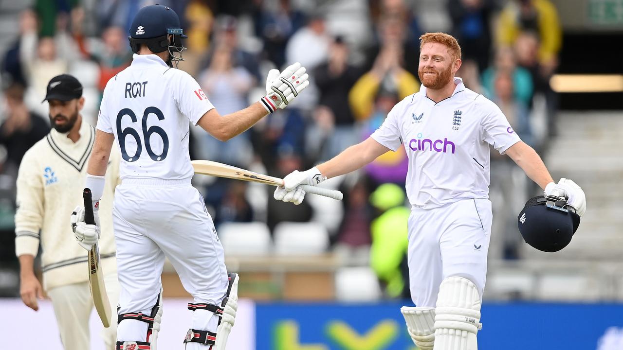 Jonny Bairstow celebrates victory with Joe Root against New Zealand. Photo Getty Images