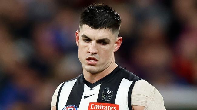 MELBOURNE, AUSTRALIA - SEPTEMBER 07: Brayden Maynard of the Magpies looks on during the 2023 AFL First Qualifying Final match between the Collingwood Magpies and the Melbourne Demons at Melbourne Cricket Ground on September 07, 2023 in Melbourne, Australia. (Photo by Michael Willson/AFL Photos via Getty Images)