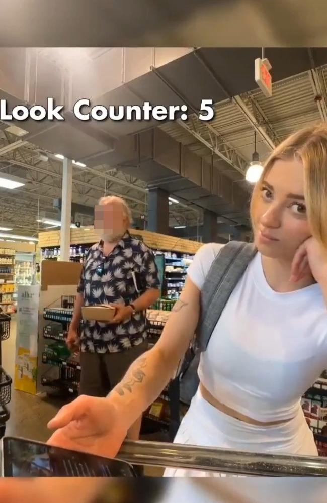 Katie Miller filmed a man “looking” at her at the supermarket. Picture: X