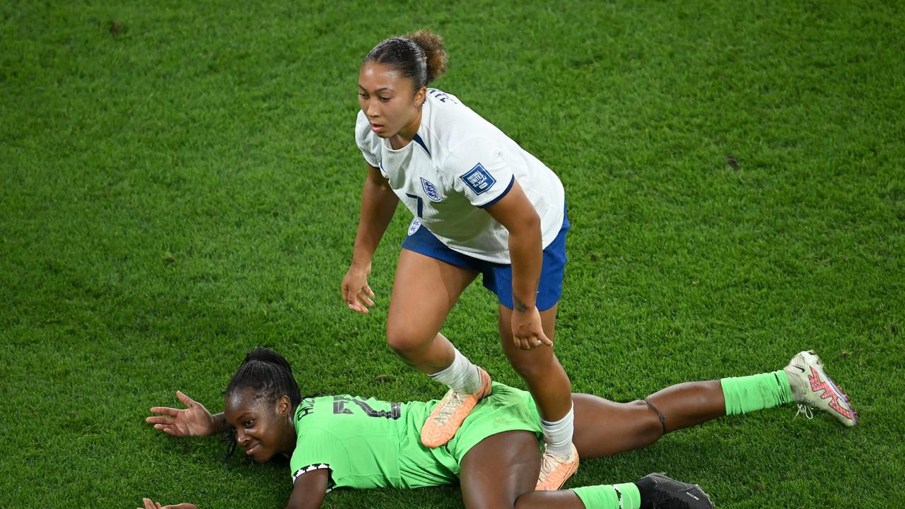 Lauren James was shown a red card for this stamp on Nigeria’s Michelle Alozie. Picture: Getty