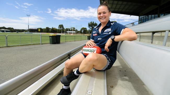 South Adelaide SANFLW rising star Jorja Rowe (pictured at Noarlunga) travels from Mildura to Adelaide once a week for training and games. Picture: AAP/Morgan Sette.