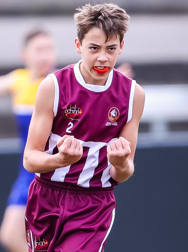 Queensland's Ryan Hutching celebrates a goal at the School Sport Australia U12 Australian Football Championships. Picture: Tom Huntley