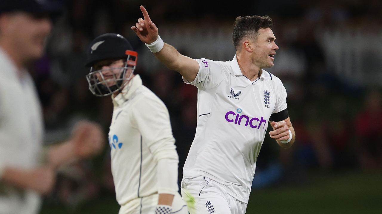 Jimmy Anderson struck with the ball. Photo by Marty MELVILLE / AFP