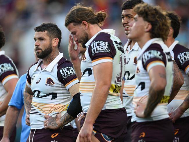 GOLD COAST, AUSTRALIA - AUGUST 03: Adam Reynolds of the Broncos looks dejected during the round 22 NRL match between Gold Coast Titans and Brisbane Broncos at Cbus Super Stadium, on August 03, 2024, in Gold Coast, Australia. (Photo by Matt Roberts/Getty Images)