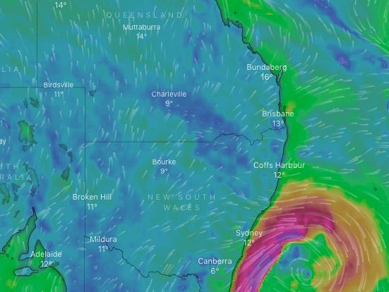 A series of cold fronts and a thick cloud band from the west are set to bring cold and wintry weather and widespread rainfall to much of Australia this week. Picture: Windy