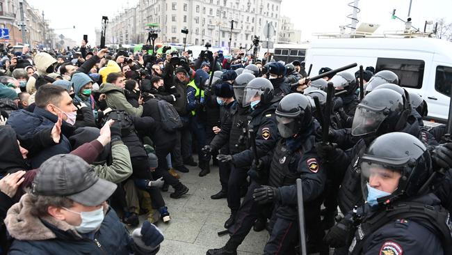 Protesters clash with riot police during a rally in support of jailed opposition leader Alexei Navalny in downtown Moscow on the weekend. Picture: AFP