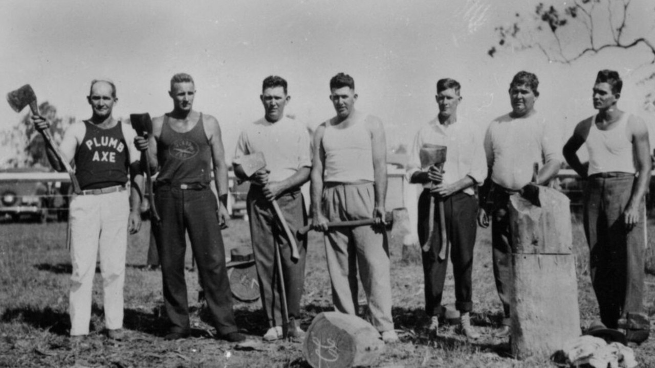 Group of Kingaroy axe-men, Kumbia, 1936. A proud team showcasing their skill and strength in the heart of the timber industry. Source: Unknown