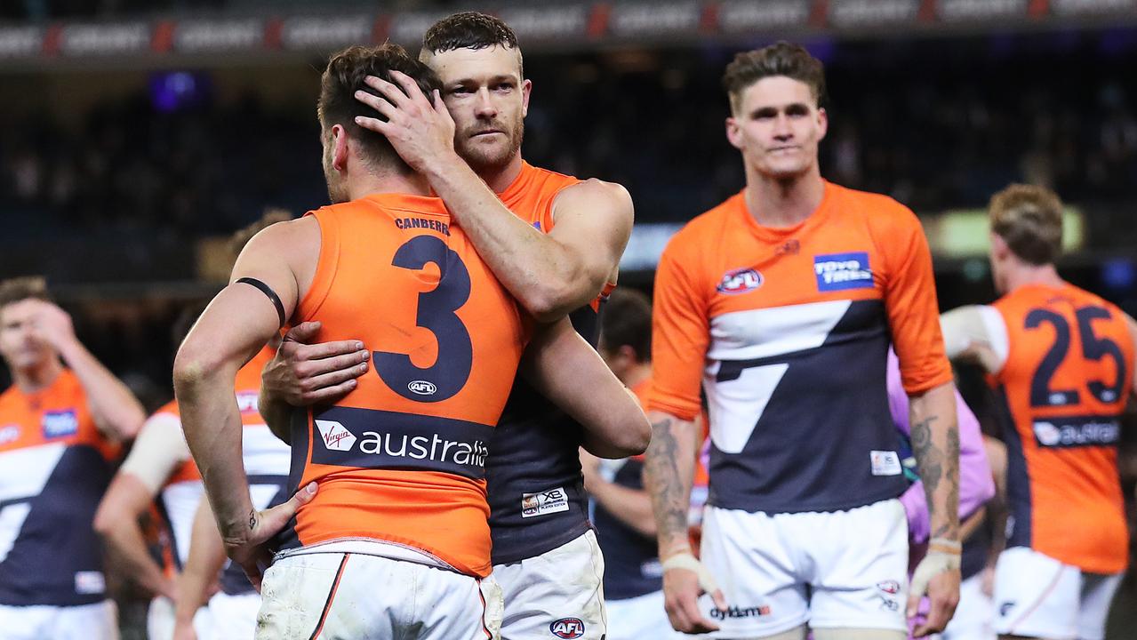 Dejected Giants players after their loss to Collingwood. Photo: Phil Hillyard