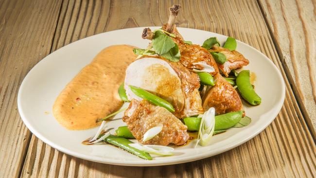 Roast with the most: chicken with harissa mayo and snow peas. Pics Rob Leeson