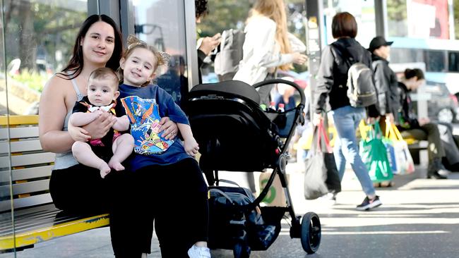 Ashley Roperti with her children Natalia and Antonio, pictured at Dee Why bus stop. Picture: Jeremy Piper