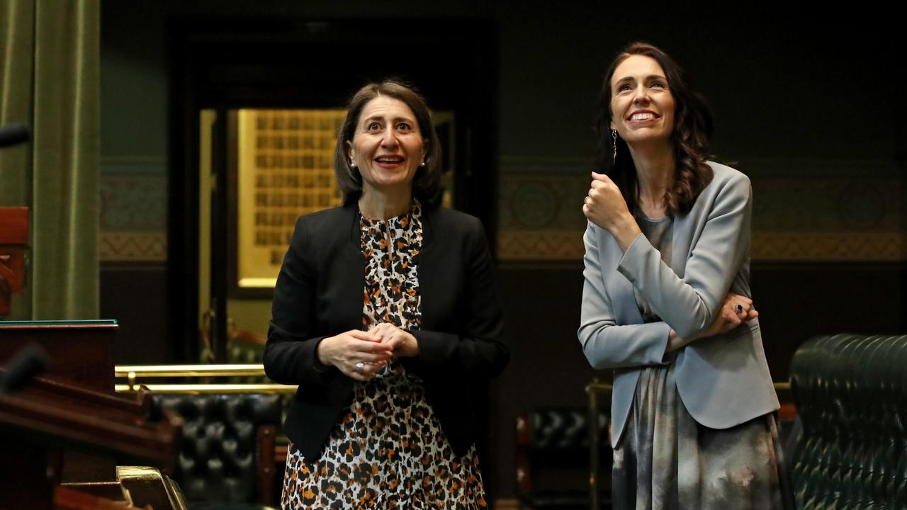 NSW Premier Gladys Berejiklian shows New Zealand Prime Minister Jacinda Ardern around the Legislative Assembly in Parliament House, Sydney. Picture: Toby Zerna