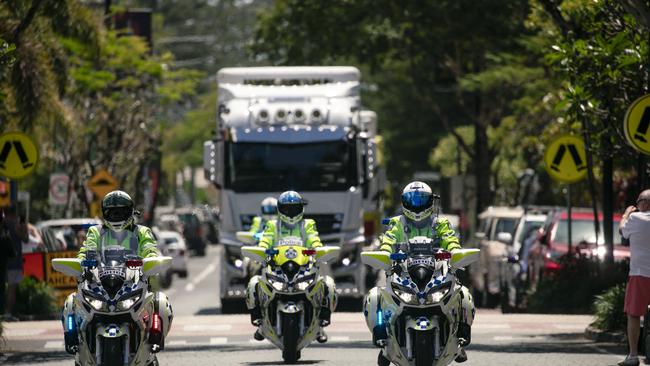 Transporters on Tedder, as all the big rigs of Supercars teams drive down Main Beach'•s Tedder Avenue. Picture: Glenn Campbell