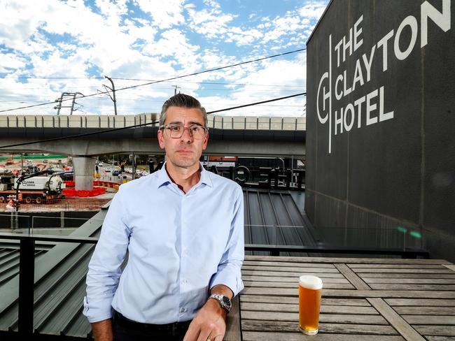 Frank Golotta who owns the Clayton Hotel in Clayton is unhappy with Suburban Railway Loop works opposite his pub. Picture: Ian Currie