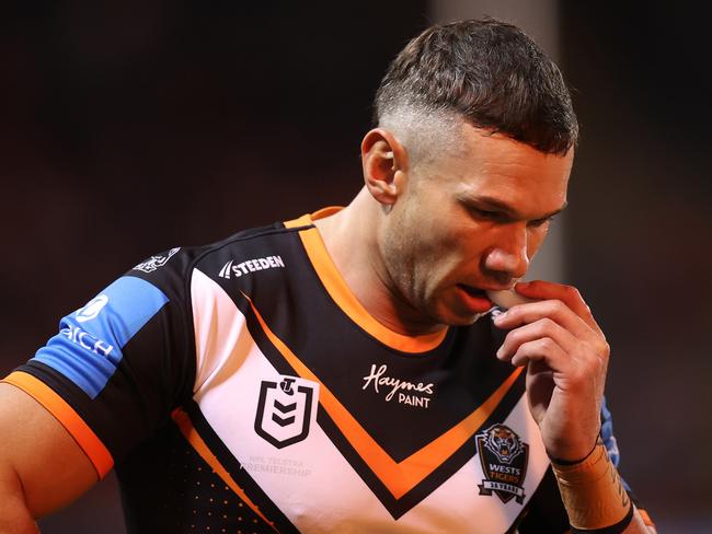 Tigers centre Brent Naden has one more year left on his contract but can leave the club if he finds a better deal elsewhere. Picture: Jason McCawley/Getty Images